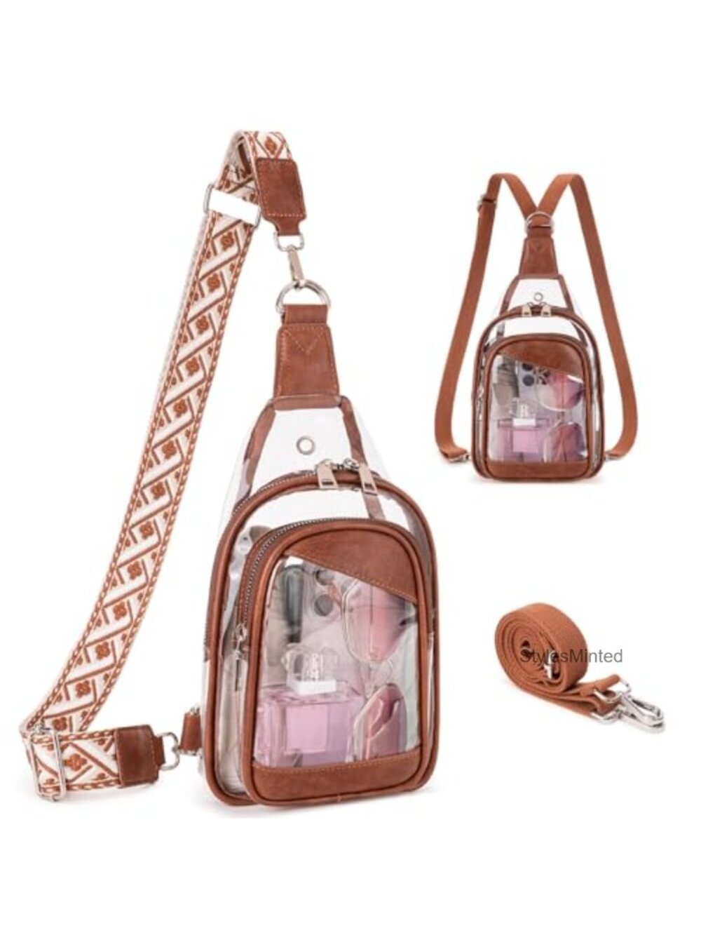 Clear Sling Bag for Women Stadium Approved Faux Leather PVC Crossbody Purse